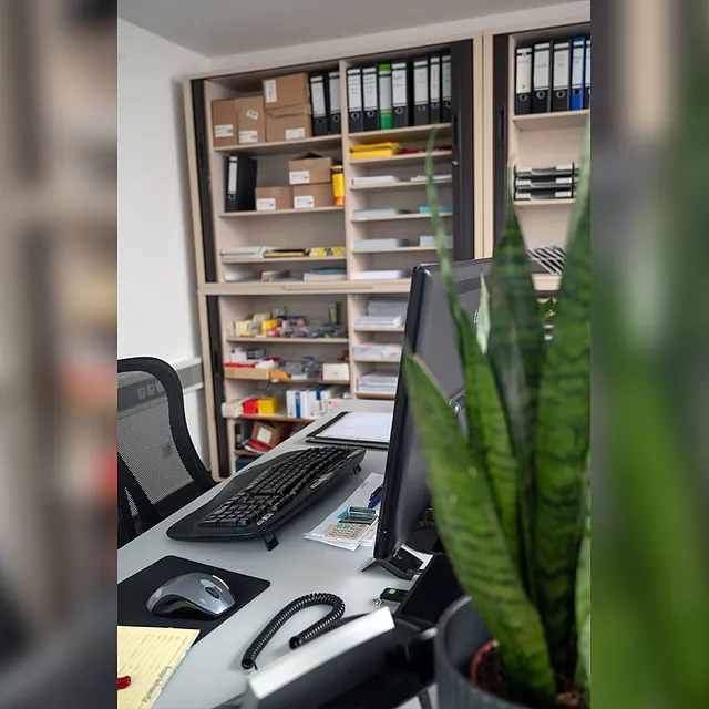 Büro von Frau Merten mit Monitor, Tisch und Pflanze